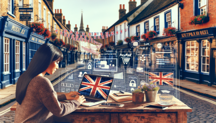 E-commerce Development in Ottery St Mary for Small Business: A small business owner in Ottery St Mary configures an e-commerce site on a laptop, displaying PayPal, Stripe, and Union Jack designs.