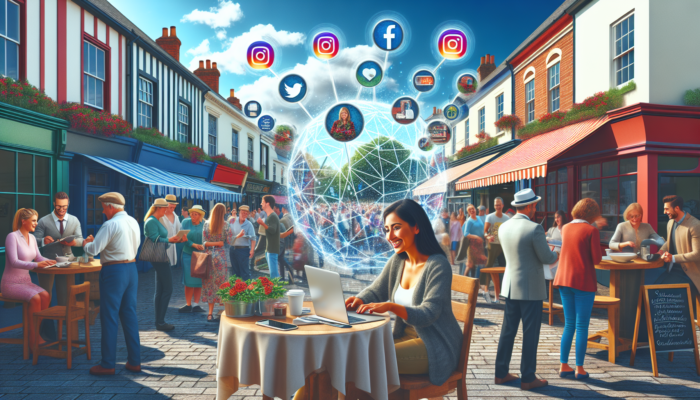 A smiling entrepreneur in Ottery St Mary market manages an e-commerce laptop, surrounded by social media icons and shaking hands with partners.