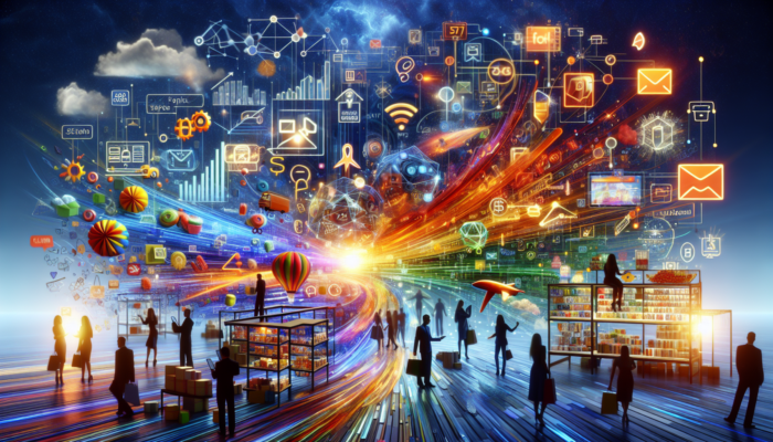 Vibrant online store scene with high-quality product images, discount banners, email campaigns, and upward-trending sales graphs for UK e-commerce growth.