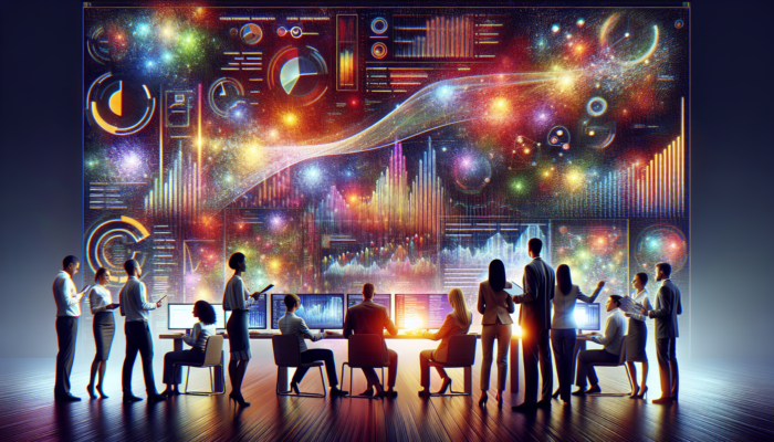 A diverse team in a modern UK office analyzes Google Analytics dashboards showing click-through, bounce, and conversion rates.