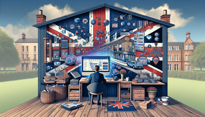 An entrepreneur in a British office customizes a WooCommerce dashboard with Union Jack designs, payment icons, shipping maps, and sales graphs.