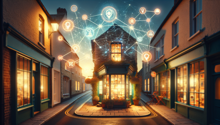 On-Page SEO in Castle Cary for Small Business: A quaint Castle Cary street in the UK, with a small business shop glowing and floating keywords like SEO forming digital bridges to a search network.