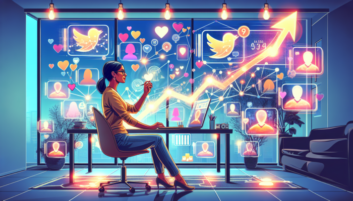 A vibrant digital strategist in a modern home office, surrounded by floating social media icons, analyzing a rising follower graph under neon lights.