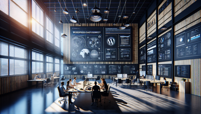 WordPress Website Design Agency in Stonehouse: Designers in a modern UK WordPress agency office in Stonehouse collaborate on website mockups, with screens showing interfaces, code, servers, and blueprints.