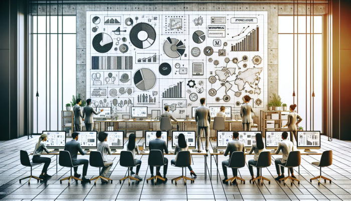 Diverse designers in a modern Stonehouse office collaborating on WordPress sites, surrounded by computer screens, growth charts, and local maps.