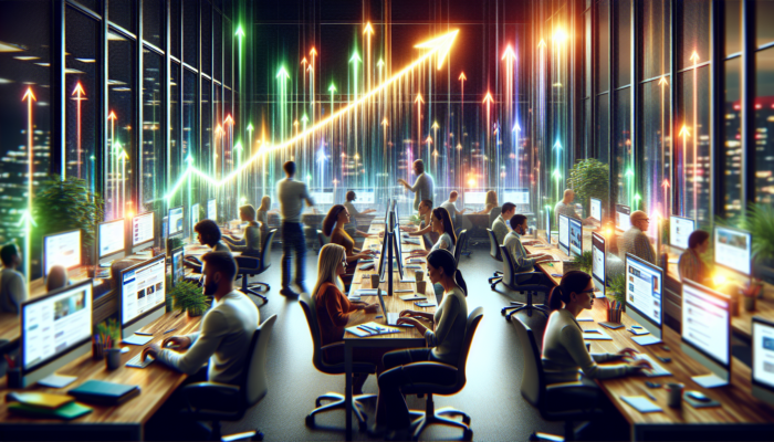 Digital marketers in a bustling Dursley office optimize content on screens, adding keywords, vibrant images, videos, and upward-trending traffic graphs.