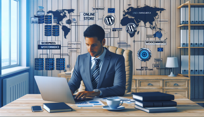 WooCommerce Setup for Painswick Small Businesses: Entrepreneur in Painswick office typing on laptop, setting up WooCommerce on WordPress dashboard with secure hosting and Sage Pay icons.