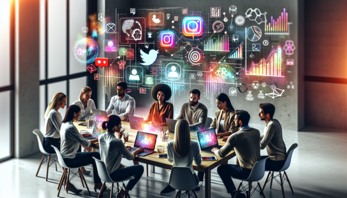 Diverse team in a modern office brainstorming social media strategy with laptops, analytics graphs, and social media icons.