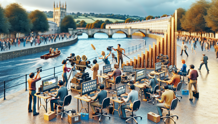 A diverse team of video producers films outdoors by the river in Frome, surrounded by cameras, editing screens, and success charts.