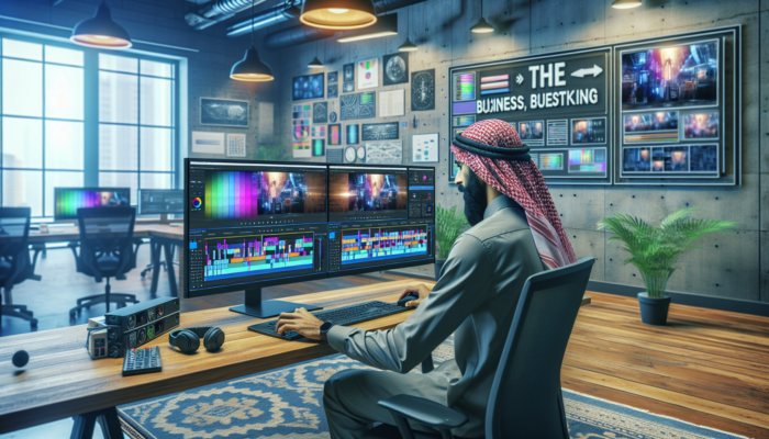 A professional video editor in a modern Frome studio color-grading vibrant footage on dual screens, adding visual effects and sound design.