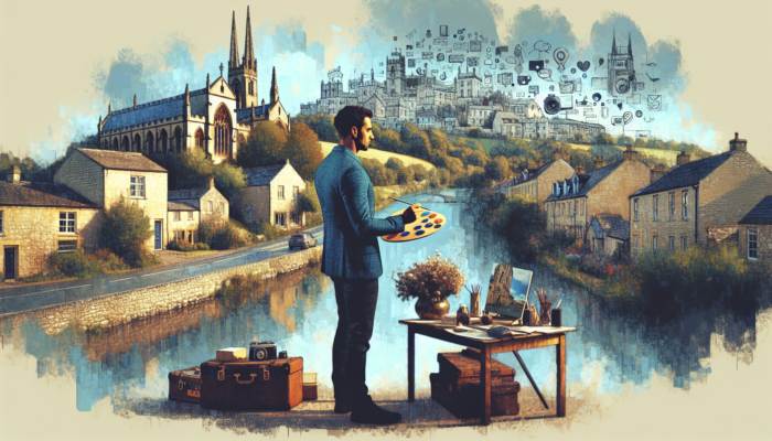 : Small business owner in Stow-on-the-Wold creates Instagram posts of local products amid historic stone buildings and lush greenery.