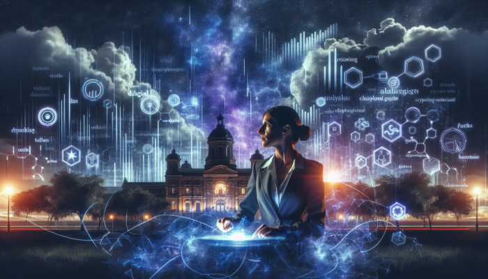 A digital strategist in Kingswood analyzes SEO tactics on a holographic screen with rising graphs, keyword clouds, and historic buildings under a twilight sky.