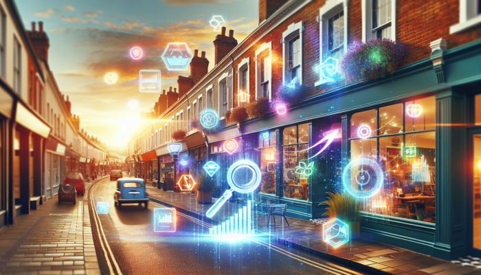 SEO For Small Business in Nailsea: Bustling Nailsea high street with small business shopfront illuminated by holographic SEO: rising rankings, traffic graphs, and keywords like visibility and growth.