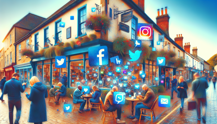 Boost Your Business: A vibrant Minchinhampton shopfront with locals on smartphones engaging in Facebook groups, Instagram stories, Twitter updates, and local ads.