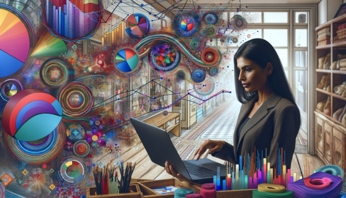 A focused entrepreneur in a Winchcombe gift shop reviews WooCommerce analytics on a laptop, surrounded by vibrant graphs of sales trends and customer behavior.