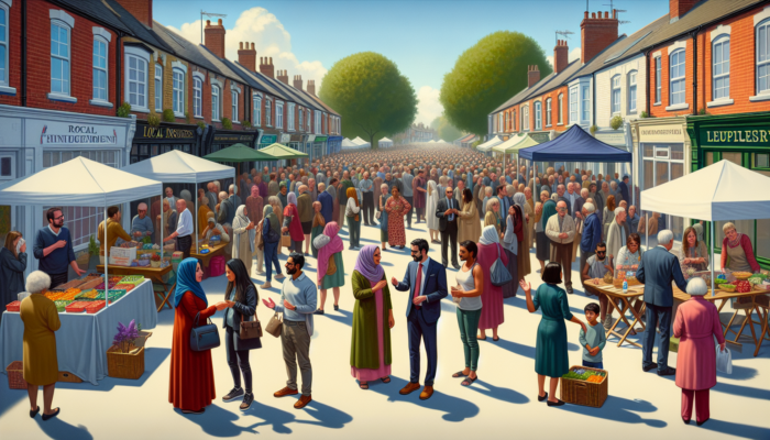 Vibrant community event in Ferndown: business owners at charity stalls, residents chatting, influencers engaging crowds under sunny sky.