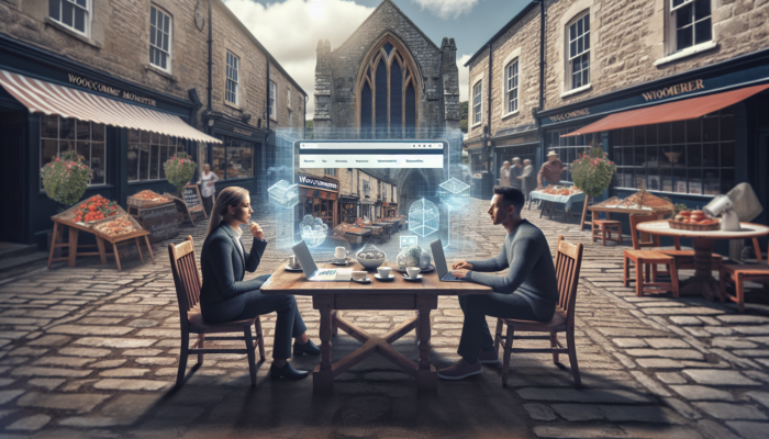 Consultant guiding small business owner on WooCommerce setup in Wimborne Minster, with laptop at cafe table and historic buildings in background.