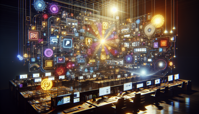 A designer customizes a WooCommerce store in a vibrant workspace: colorful themes, glowing PayPal and Stripe icons, seamless checkout, and floating testimonials.