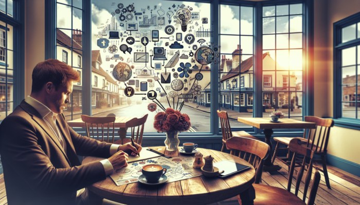 A consultant sketches social media strategy in a Patchway cafe, surrounded by icons, charts, coffee cups, and town street views.