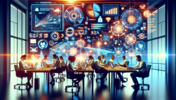 Owners in a Patchway office analyze social media analytics on glowing screens, surrounded by charts of engagement, reach, demographics, and Facebook/Instagram icons.