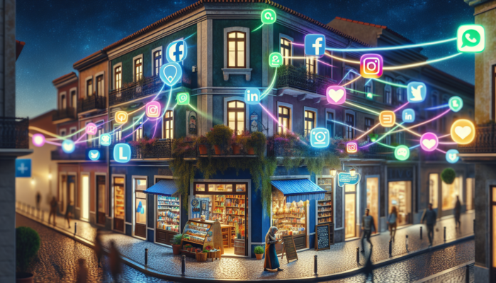 Social Media Marketing for Yate Small Businesses: A bustling Yate high street with a small business owner in a cozy shop, surrounded by screens showing Facebook, Instagram, and LinkedIn interfaces.