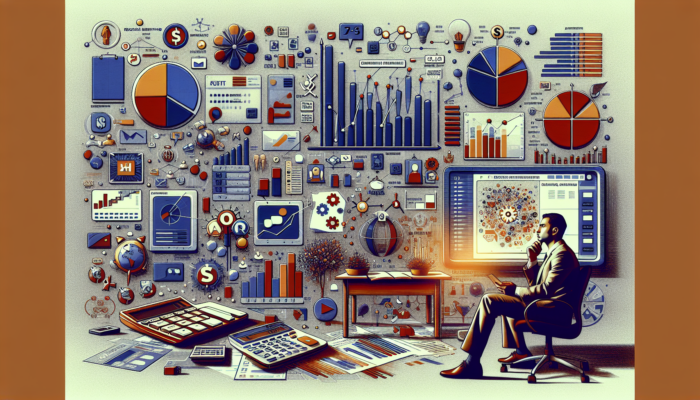 Small business owner in Yate office analyzes colorful social media dashboards on dual screens, surrounded by budget charts and UK advertising icons.