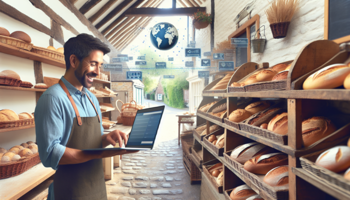 E-commerce Development: A quaint artisan bakery in Northleach with rustic wooden shelves of fresh breads and pastries; a smiling baker checks online orders on a laptop.