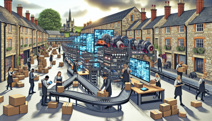 A bustling e-commerce hub in historic Northleach, with digital screens, warehouses, workers handling orders, and locals shopping on mobiles.