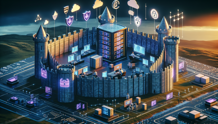 A secure digital fortress in Northleach, UK, shields e-commerce data with glowing barriers, encrypted servers, GDPR symbols, and a business owner auditing policies in the British countryside.