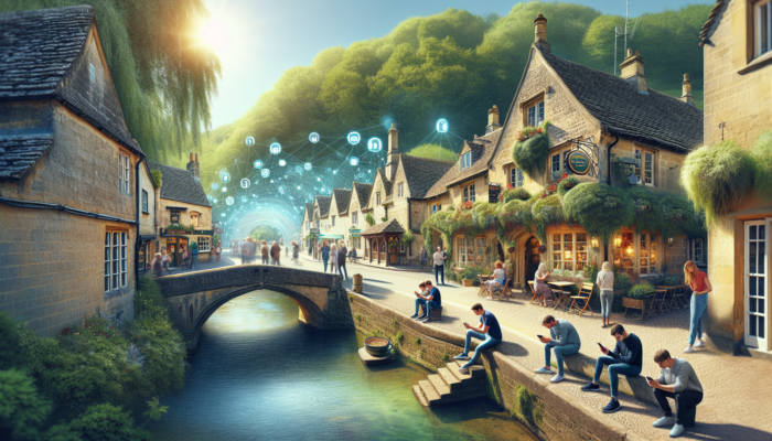 Small Business SEO in Bourton-on-the-Water: Bustling street in Bourton-on-the-Water with a quaint café sign 'Best Coffee', locals on smartphones under stone bridges, and floating digital keywords in sunlight.