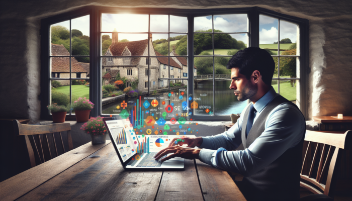 Focused entrepreneur in Bourton-on-the-Water cottage analyzes SEO data on laptop, showing Google Analytics graphs and village view.