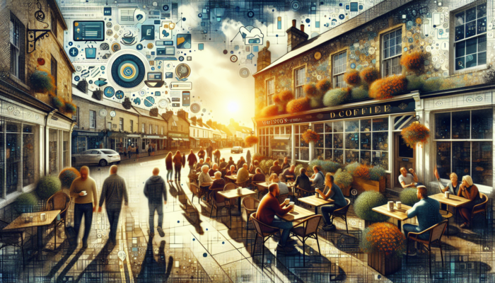 SEO in Wotton-Under-Edge, Gloucestershire for Small Business: A bustling café in historic Wotton-under-Edge, with glowing SEO keywords floating above patrons, laptops showing traffic graphs, and locals chatting under a sunny sky.