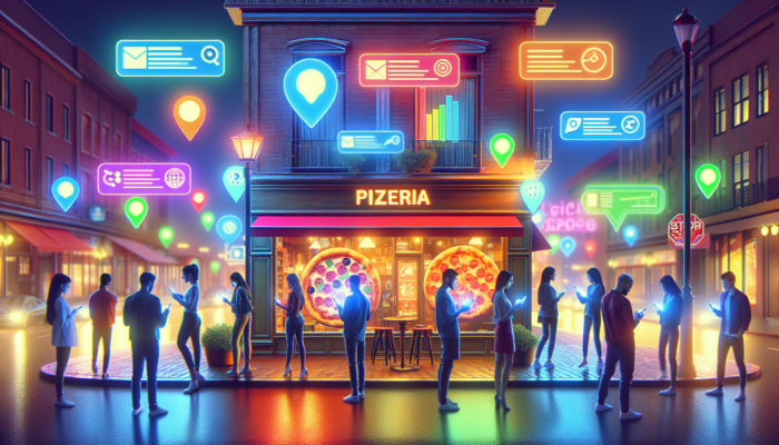 Bustling urban street with colorful pizzeria storefront, glowing "Best Pizza Near Me" sign, and people on smartphones checking local search maps.