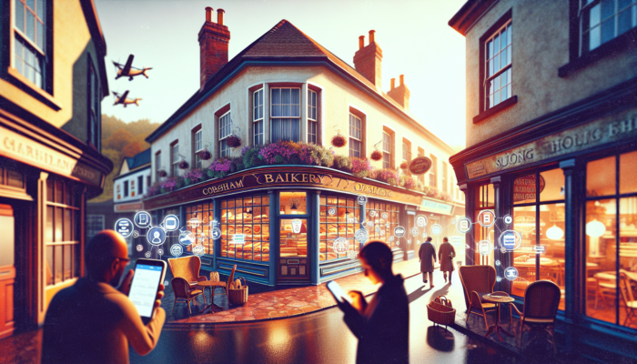 Small Business SEO in Corsham: Bustling historic street in Corsham with a quaint bakery sign "Fresh Bread Corsham," shoppers on smartphones searching cafés amid floating SEO keywords.