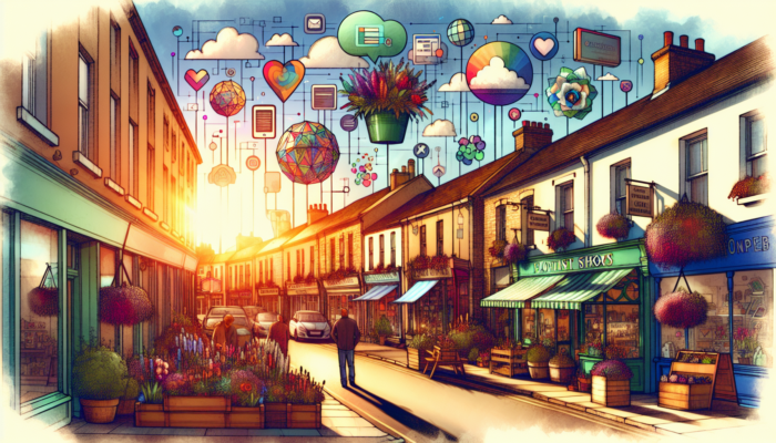 Vibrant illustration of Corsham high street with a florist shop, small businesses, floating Yell and Google My Business icons, under warm sunlight.