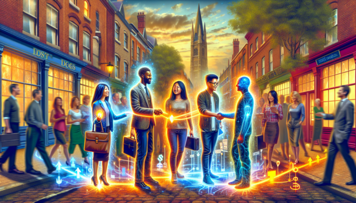 A bustling Corsham street scene: business owner shaking hands with bloggers amid SEO graphs, backlinks, and historic buildings.