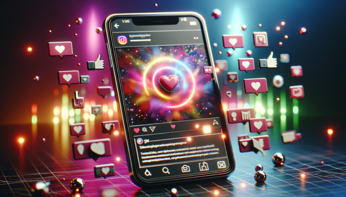 A smartphone screen displays an optimized Instagram post with eye-catching visuals, surrounded by floating hearts, comment bubbles, and share icons, showing high engagement.