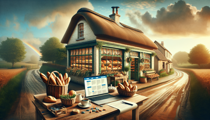 Internet Marketing for Lechlade Small Businesses: Quaint thatched-roof bakery in Lechlade, UK, with window displays of fresh bread and local ingredients, and a laptop showing an SEO-optimized website and regional produce blog.