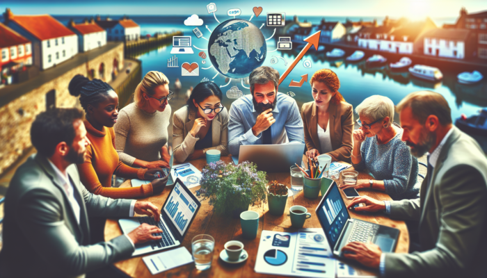 Small business owners in Teignmouth strategize SEO integration with social media and email at a coastal table, laptops showing optimized content and rising graphs.