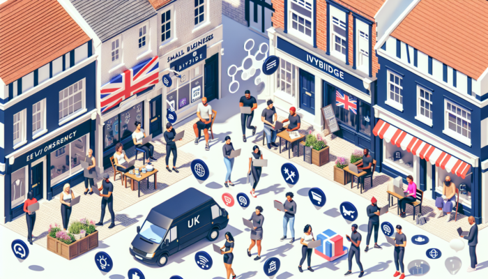 E-commerce Development in Ivybridge for Small Businesses: Bustling Ivybridge high street in the UK: small business owners on laptops with UK payment icons, delivery vans, and smiling community members.