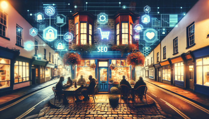 Small Business SEO in Totnes: Vibrant Totnes street scene with a cozy shopfront, overlaid with glowing SEO elements like keywords, meta tags, and search graphs, symbolizing local optimization.