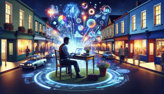 A bustling Totnes street with a small business owner at a rustic desk, laptop showing SEO graphs, optimized pages, floating blog posts, and glowing analytics charts.