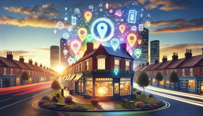 A vibrant Clevedon small business storefront with floating SEO icons and mobile devices, symbolizing 30-50% traffic growth, against Birmingham's skyline.