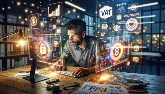 A small business owner in a bustling Clevedon office reviews Shopify and WooCommerce interfaces on dual screens, surrounded by VAT compliance icons and e-commerce visuals.