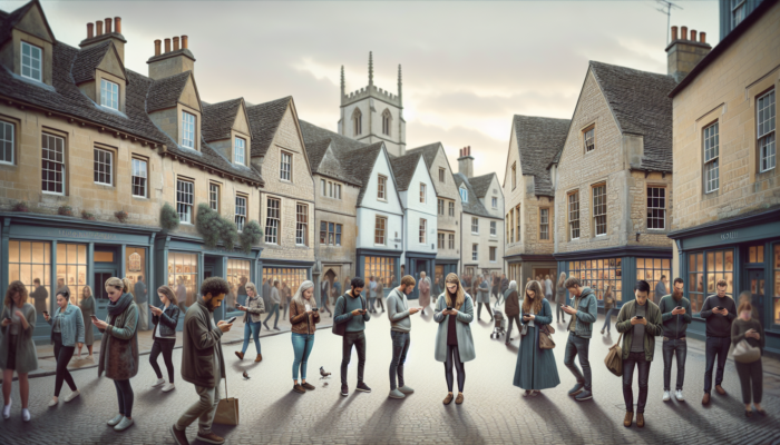 Mobile Website Design for Stow-on-the-Wold Small Businesses: In Stow-on-the-Wold, locals and tourists browse a responsive retail site on smartphones, with quick loading and adaptable screens amid historic stone buildings.