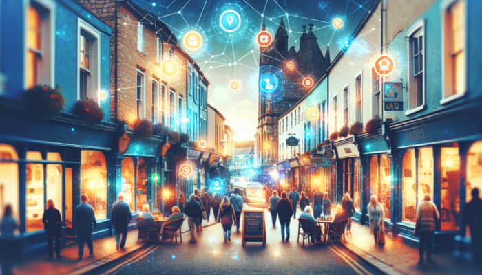 Local SEO in Shepton Mallet for Small Business: Bustling Shepton Mallet street with quaint small business storefront, glowing Google My Business signage, locals at a community event, and digital SEO icons.