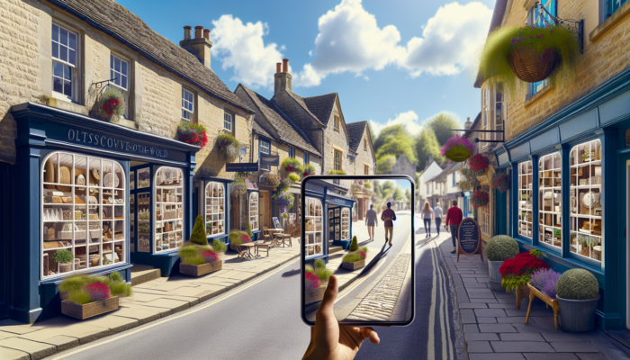 Stow-on-the-Wold Instagram Marketing for Small Business: Bustling street in Stow-on-the-Wold, with local shops displaying artisanal goods on vibrant Instagram screens, engaging passersby in the scenic Cotswolds.