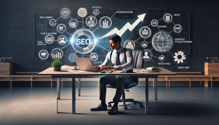 Small business owner in Gloucester optimizes website on laptop, surrounded by SEO icons like graphs and keywords for digital growth.