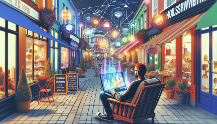Small Business SEO in Holsworthy: Holsworthy street scene with small businesses, glowing keyword overlays, SEO graphs, and an entrepreneur analyzing data on a laptop.
