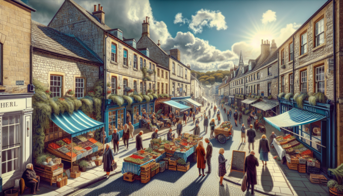 Vibrant Frome street scene: business owners engaging locals with digital polls and chats at market stalls, amid historic buildings and sunny crowds.